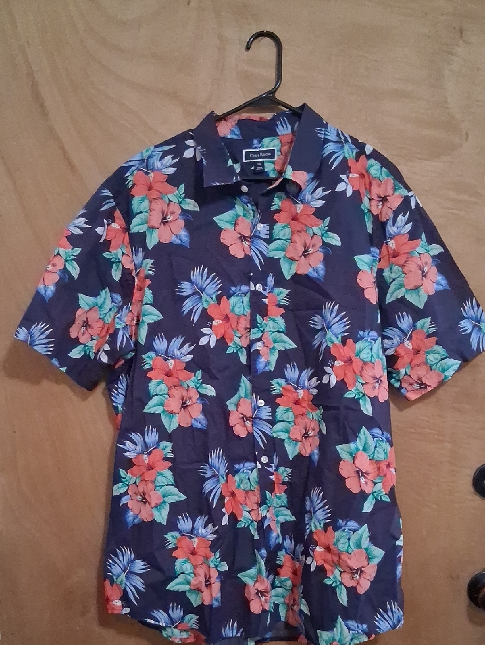 Club Room Navy Floral Short-Sleeve Button-Down Shirt with Coral and Teal Accents
